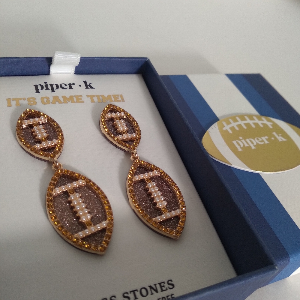 Piper K ITS GAME TIME Brown Glass Stones/Pearl Design Football Earrings